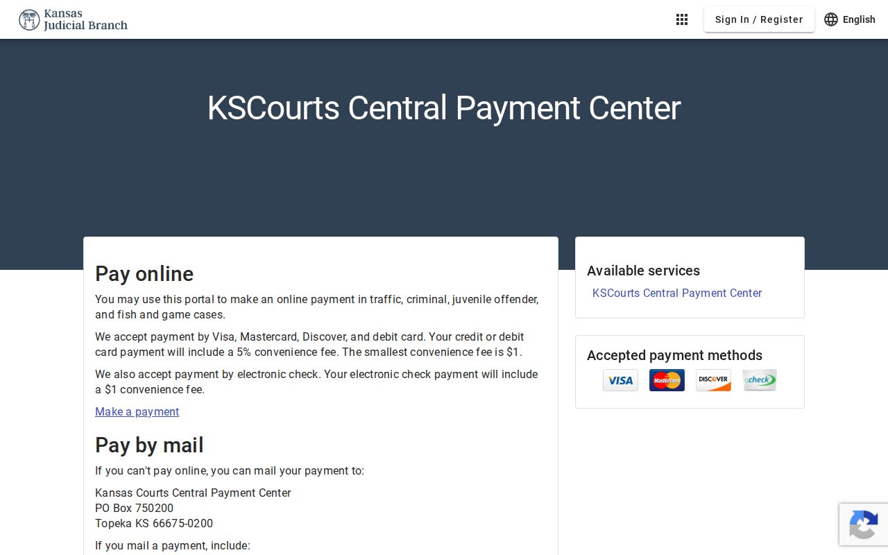 Kansas Central Payment Center home page for covered court cases
