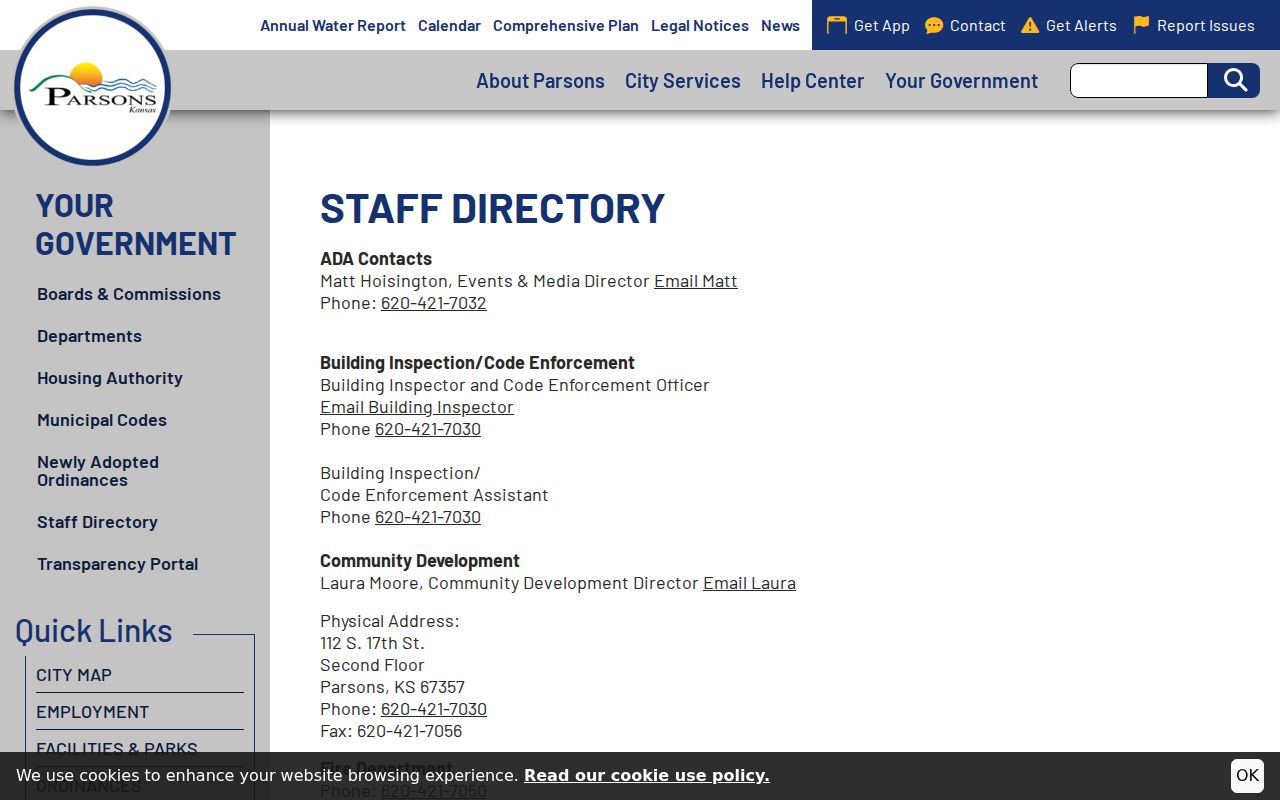 Parsons staff listing for the Municipal Court Clerk