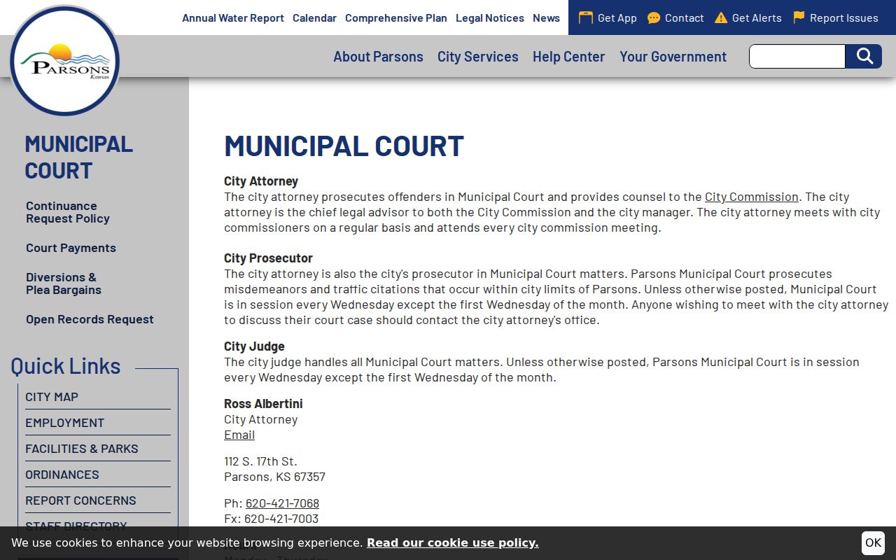 Official Parsons Municipal Court information about city ordinance and traffic cases